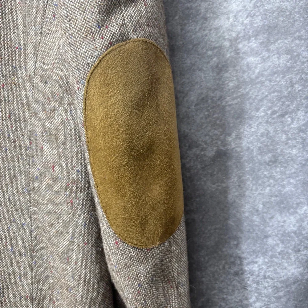 Vintage Haggar Brown Donegal Tweed Blazer Sport Coat Sz 46L Suede Elbow Patches